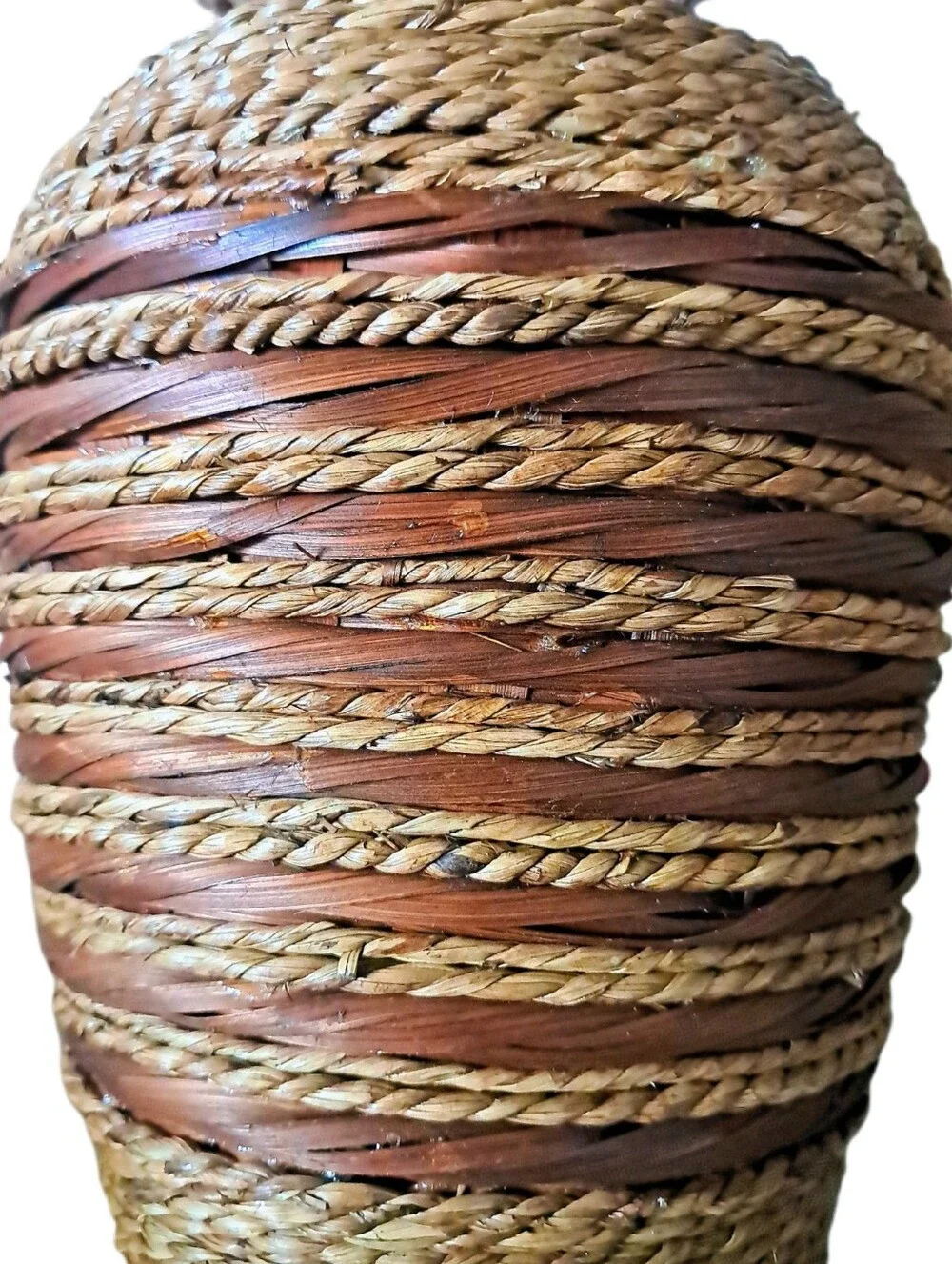 Vintage Multi-Hue Brown Rattan Vase with Bronze Accents Rope Jute Wire Decor